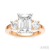 1/2 Ctw Tri-Mount Emerald Shape Center Round Cut Diamond Semi-Mount Engagement Ring in 14K Rose and White Gold